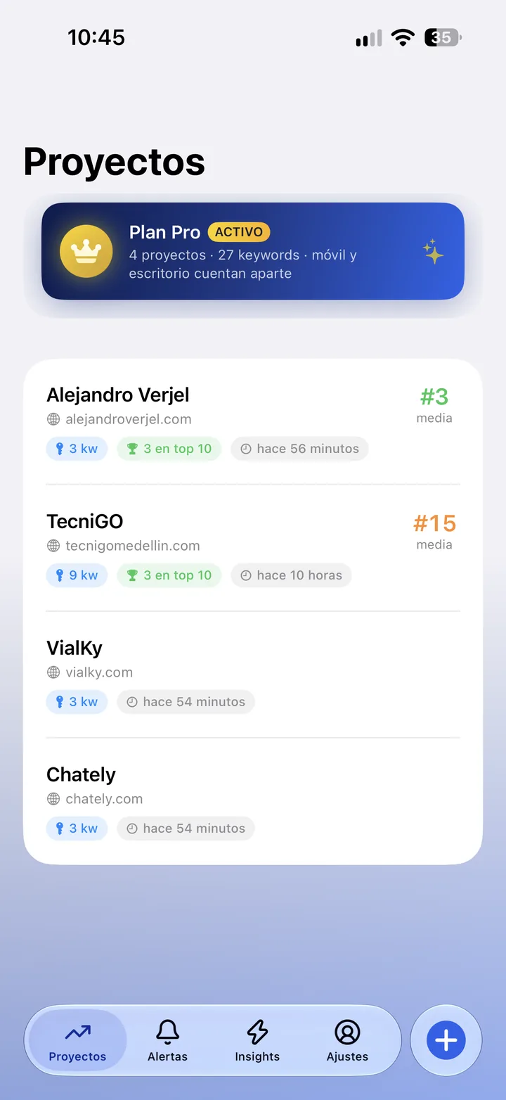 Pantalla de proyectos de la app Rankiamos con el plan Pro y las posiciones de cada sitio